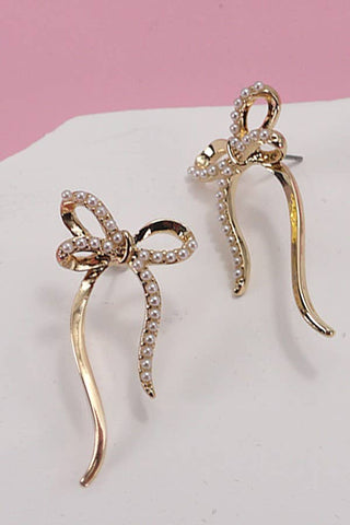 Gold PEARL EMBELLISHED BOW STUD EARRINGS