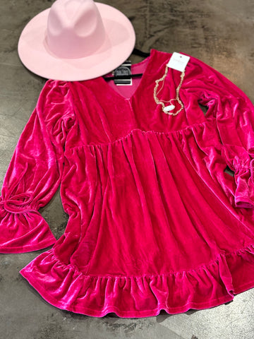 Hot Pink Velvet Babydoll Dress