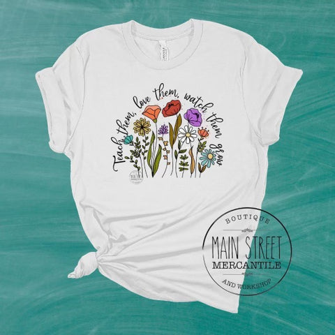 Floral teach, love, watch them grow Teacher Graphic Tee -23