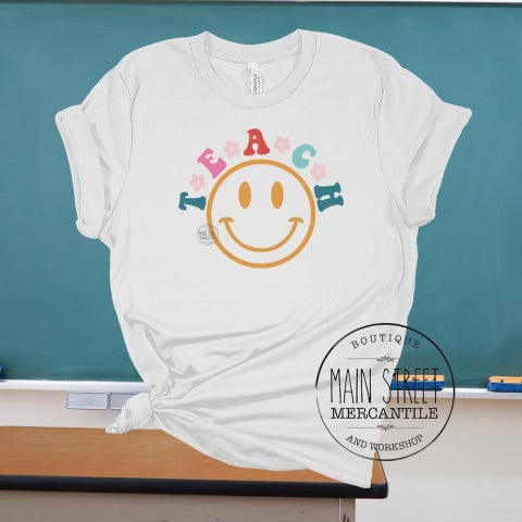 Flowers smiley face teach Teacher Graphic Tee -8