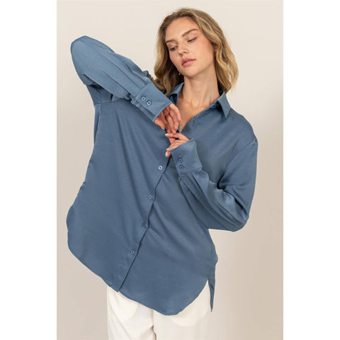 BUTTON-UP RELAXED OVERSIZED SHIRT: BLUE