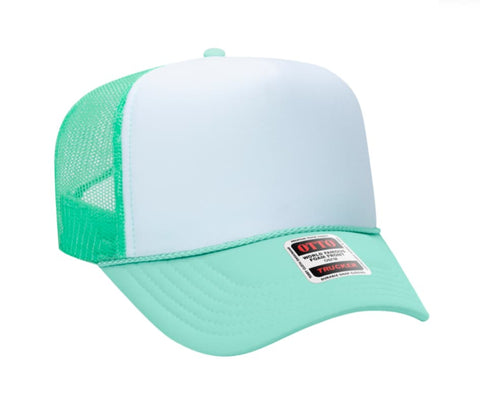 PDA Wholesale Boutique (Pour Decisions Art) - Seafoam & White Otto 5 Panel High Crown Mesh Back Trucker Hat