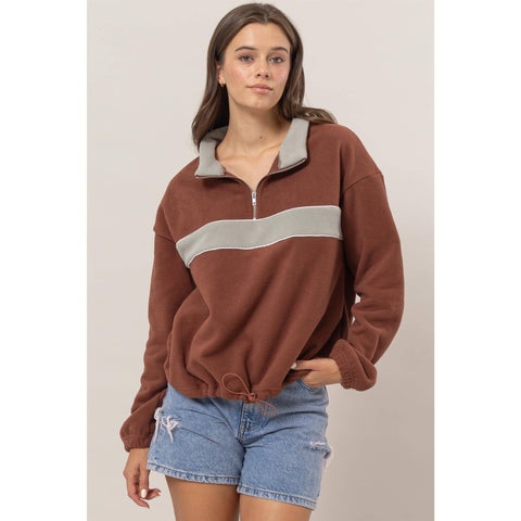 Fleece Color Block Half Zip Pullover: BROWN