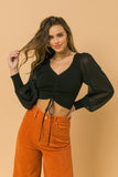 Knit and Chiffon Combination Crop Top featuring V Neckline