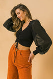 Knit and Chiffon Combination Crop Top featuring V Neckline