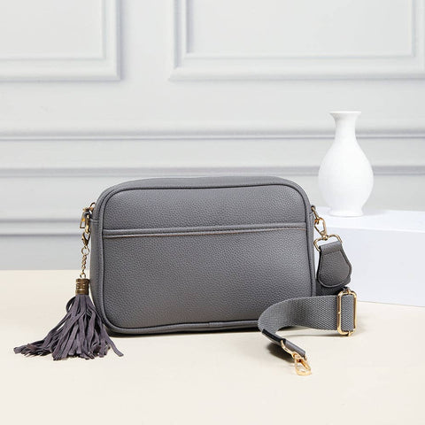 Grey Solid Color Tassel Camera Crossbody Bag