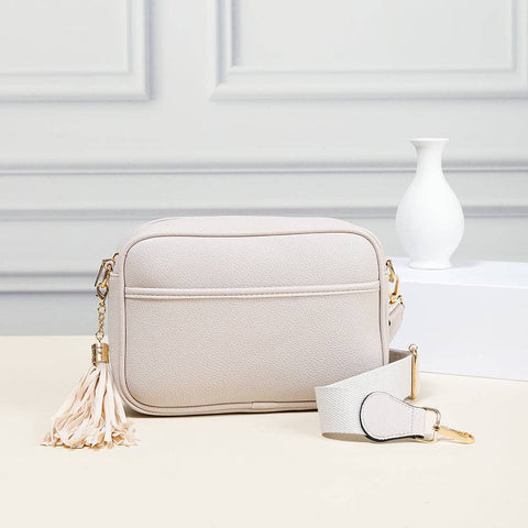 Cream Solid Color Tassel Camera Crossbody Bag