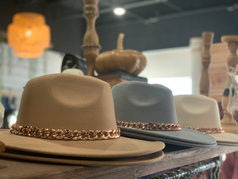 Wide brim fedora with gold chain