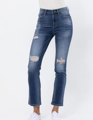 High Rise Slim Straight Leg distressed denim